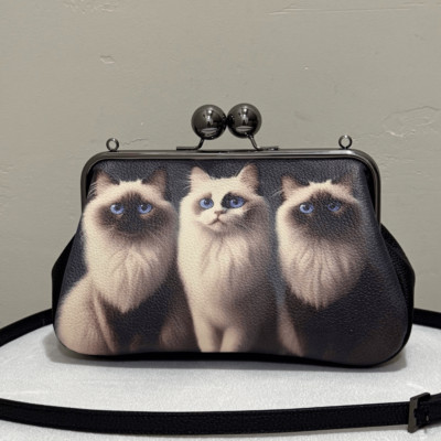 Unique Cats Print Pebble Cowhide Handmade Large Ball Kisslock Handbag, Multi Use
