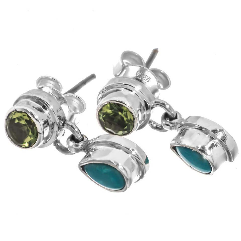 Aretes de plata 925 delicados peridoto turquesa natural pera esterlina, 5/8" Foto 2 de 2
