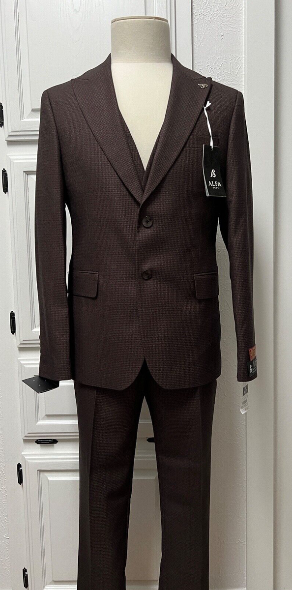 Men Suit ALFA SUIT Turkey 70%Wool Slim Brown 3-Pieces Size EU-50