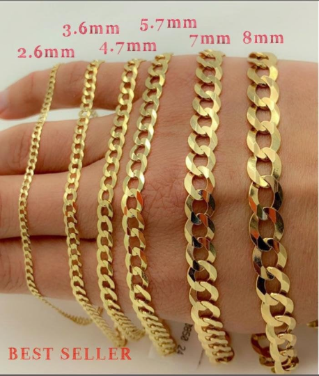 14K Gold Curb Chain Necklace 3mm -8mm Over 925 Silver, 16-30 Inch, BEST  SELLER