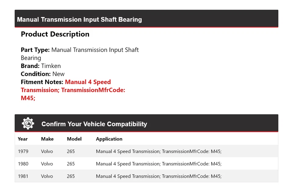 Cojinete de eje de entrada de transmisión manual Timken 1980 para Volvo 265 1979-1981 Foto 2 de 4