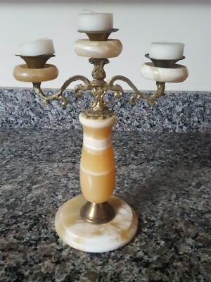 Marble cream/ 3 votive candle holder with brass accents- made in Egypt handmade