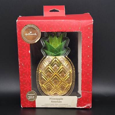 Hallmark Premium Pineapple Ananas Ornament 4  Gold Bevel Christmas Tree Red Box