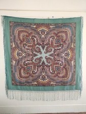 Vintage fabulous Paisley design fabric printed piano Shawl fringes Wool scarf