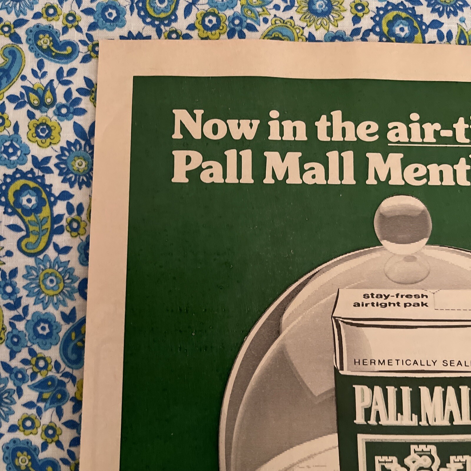 Vintage 1975 Pall Mall Cigarettes Print Menthol 100’s Air Tight Pack Ad Only
