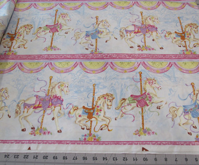 CAROUSEL DREAMS Horses Pony Merry Go Round Pink Cotton Quilt Fabric By the Yard