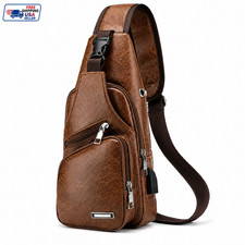 Men's Brown Sling Bag Crossbody Chest Backpack USB Charging Port Travel Leather