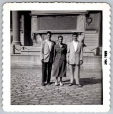 Vtg B&W Snapshot 2 Young Men & Woman Suits Cobblestone Courtyard Jan 1953 B&w