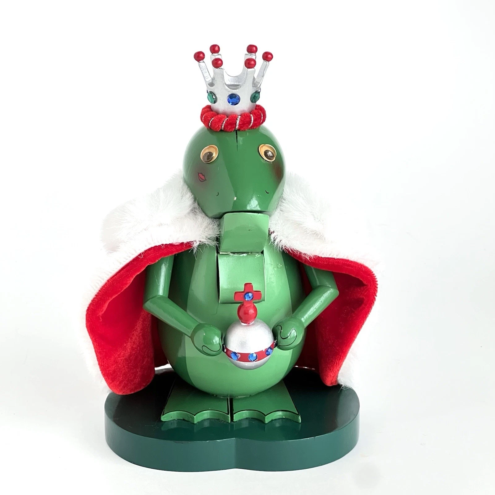 Wood Nutcracker "Frog Prince" 9" Crown & Red & White Fur Cape 2001 Whimsical