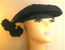 Vintage Womens Satin Blend Tam-Hat w/ Flower Tassels