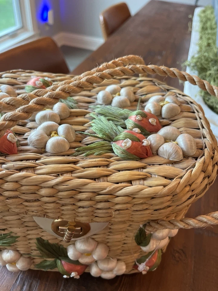 复古菲律宾水果 - 草莓花编织草篮袋钱包 — 第 3/4 张图片