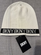 New DKNY Ivory Black Logo Knit Beanie Hat One Size Unisex Men Women