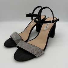 Nina New York Womens Black Satin Rhinestone Block Heel Sandals 9.5M Formal Party