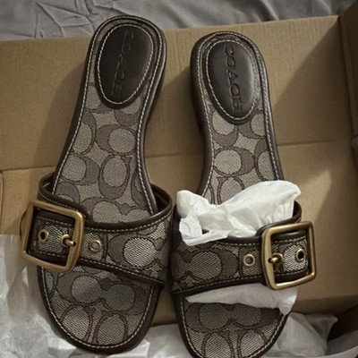 Coach Signature Logo Slide Sandals w/ Buckle Brown Beige Women s US 6.5B
