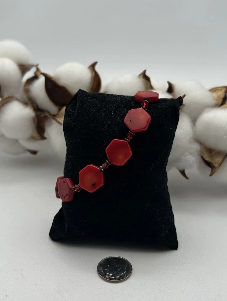 Pulsera gruesa de coral rojo con cuentas hexagonales de plata de ley 925 vintage Foto 3 de 4