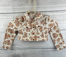 Little Lass Girls Floral Cropped Jacket White Beige Brown Size 4 Button Ruffle