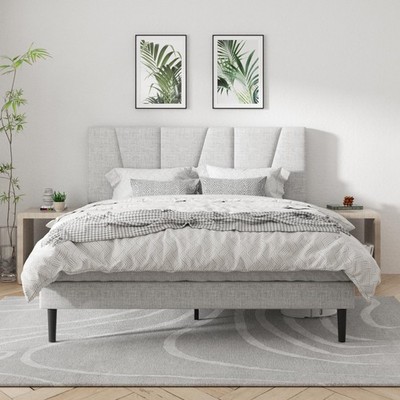Queen Size Platform Bed Frame with Geometric Upholstered Headboard, Noise Fre...