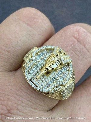Mens Moissanite King Tut Egyptian Pharaoh Pinky Band Ring 14K Yellow Gold Plated