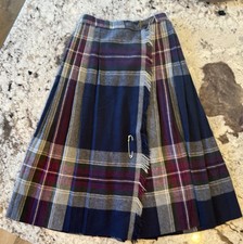 VTG 70s Clyde Navy Blue Plaid Pleated Midi A-Line Wool Wrap Skirt Tartan Tweed