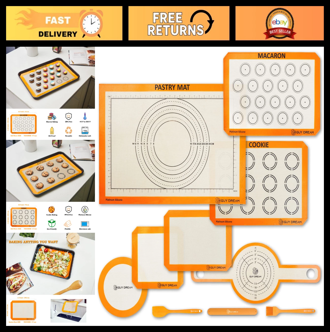 All-in-One Silicone Baking Mat Set - Kneading, Cookie, Macaron, Cake Mats & Brea