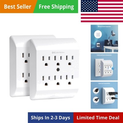 -Listed 6-Outlet Extender Wall Tap Power Strip Plug Multiplier 2 Pk