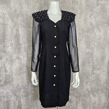 Vintage 80s Handmade Black Pearl Beaded Sheer Sleeve Cocktail Party Dress Midi