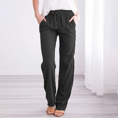 Damen Hose aus Baumwolle und Leinen, Sommerhose, lässig, elastische Taille, Q6I1
