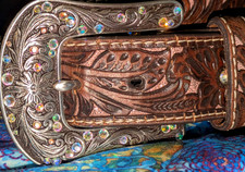 ARIAT Ladies Floral Tooled Copper INLAY Silver Tone Rhinestone Removeable Buckle