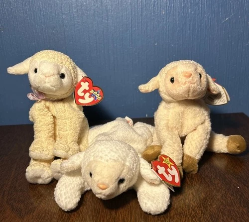 VINTAGE BEANIE BABY LOT OF 3 - Sheep, Lamb, Fleece, Fleecie, Ewey All With Tags