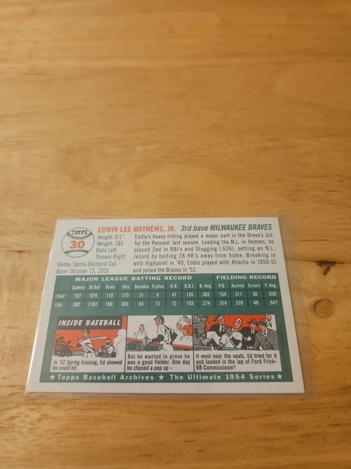 1994 Topps Archives The Ultimate 1954 Set - Eddie Mathews #30 - Image 2 of 2
