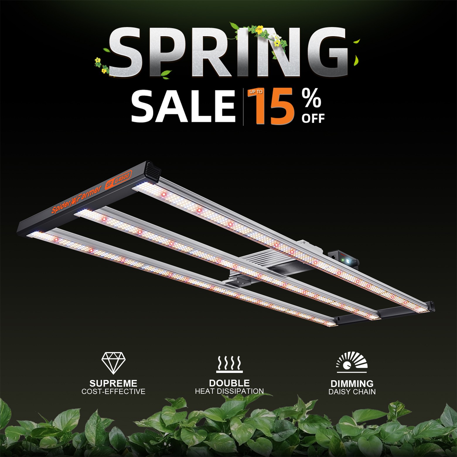 2026 Spider Farmer G4500 LED Grow Light Full Spectrum 450W Veg Flowers Lamp