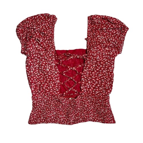 Women's Red Cropped Top Small Lace Up Back Blouse Shirt Puff Boho Cottage Cute