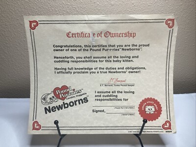 Vintage 80s Pound Purries Newborns Adoption Certificate