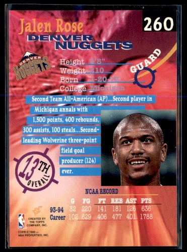Jalen Rose 1994 Stadium Club Basketball Card 260 Rookie EBay