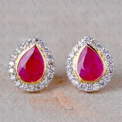 5.00Carat Pear Shape Natural Ruby & Diamond Stud Earring 14K Solid Yellow Gold