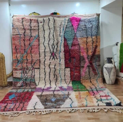 Tapis Berbère Marocain 6.5x9.5 Ft - Laine Tissée Main - Motifs Boho Multicolore