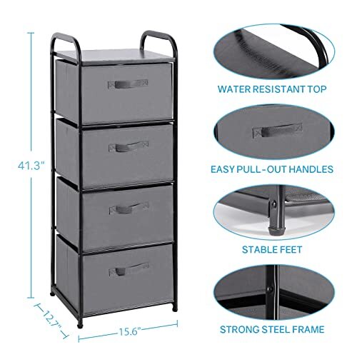 4 Drawer Fabric Dresser Tall Storage Tower, Dresser Chest with Wood Top, Grey3 - Picture 4 of 6