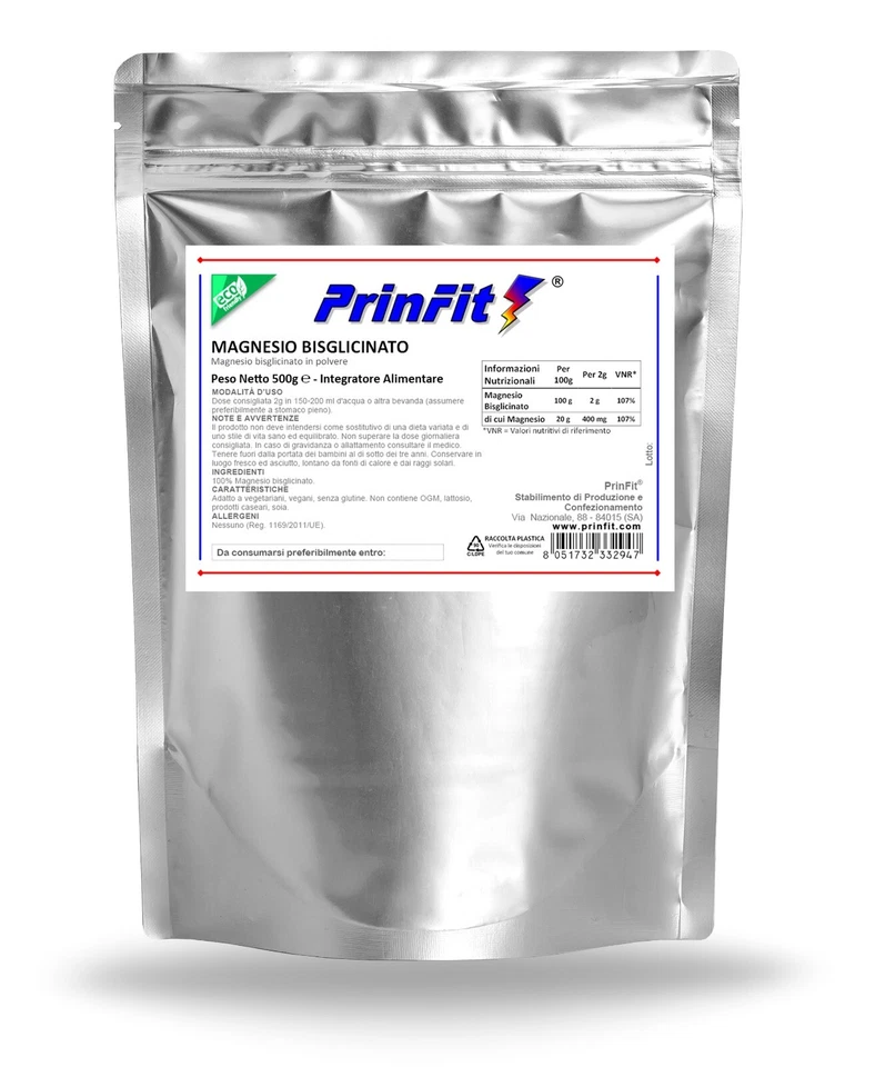 500 g - Magnesio Bisglicinato Polvere Puro 100% - Integratore Alimentare PrinFit