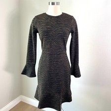 Michael Kors Womens Small Metallic Animal Print Flounce Hem Dress Long Sleeve