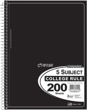 Top Flight Standards 5-Subject Wirebound Notebook, 200 Sheets, 3-Hole Punched, C