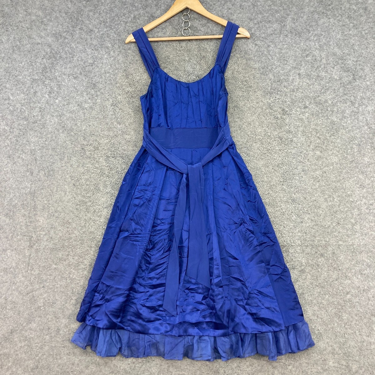 Jigsaw Dress Womens 12 Blue Silk Midi A-Line Belt Satin Formal