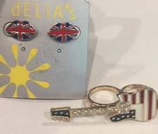 Guitar Ring Flag With Stars & Stripes Red White And Blue Enamel With Stones New