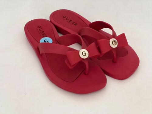 NEW! GUESS PILAR RED W/ GOLD LOGO BOW STRAP SANDALS SLIPPERS 6 36 SALE - Picture 1 of 6