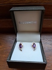 Goldsmiths 9ct Gold Amethyst Stud Earrings - Brand New in Box