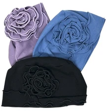 Set Of 3 Beanies Stocking Hat Fabric Flower Stretch Flapper Multi Use Cap Turban