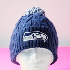 New Era Seattle Seahawks Beanie Logo Sparkle Navy Pom Pom Winter Knit Hat Womens