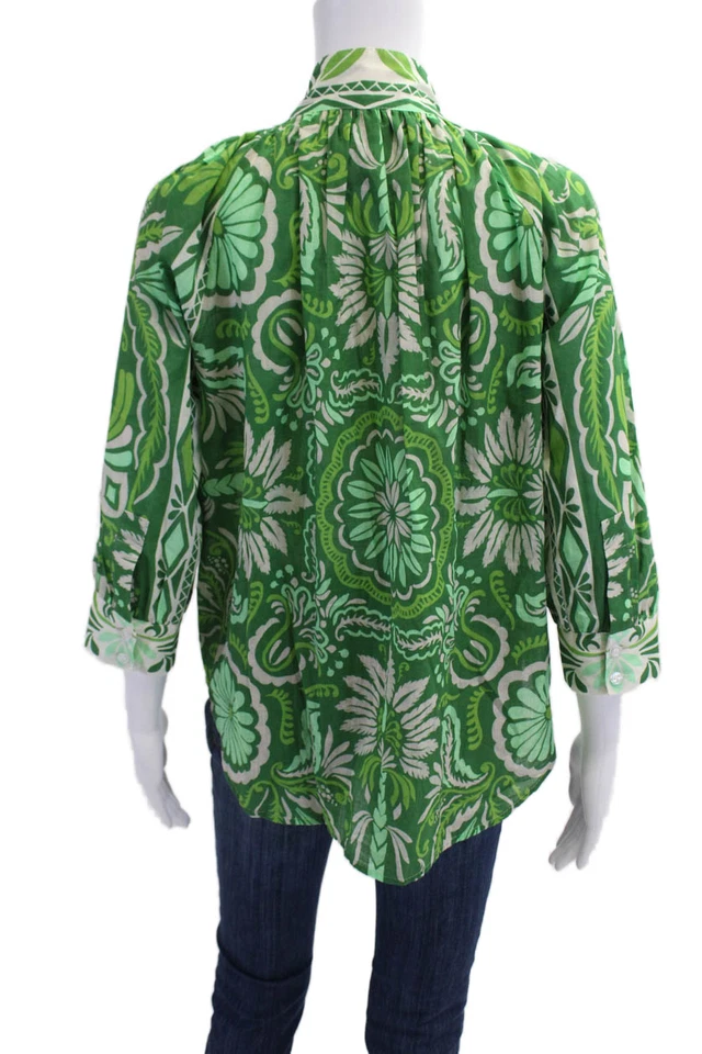 Smythe Womens Button Front 3/4 Sleeve Floral Top Green White Cotton Size XS - Image 3 of 4