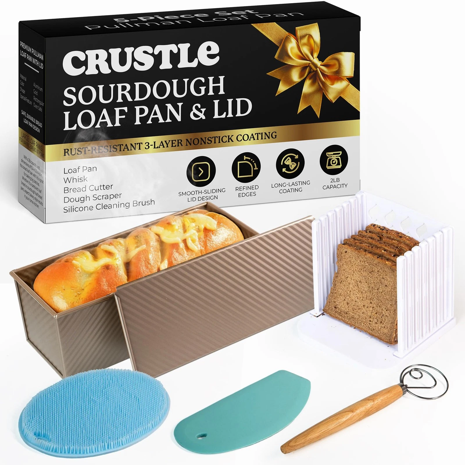 5-Pack Pullman loaf pan with Lid – Sourdough Loaf Pan Set, Includes Dough Scr...