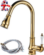 Retro Vintage Kitchen Faucet with Pull Out Spray, 360° Rotation, Brass, Gold Fin