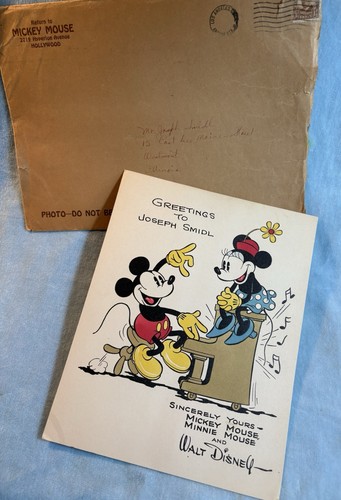 Disney Mickey & Minnie Mouse Piano Fan Card & Envelope 1930s Smidl Westmont IL